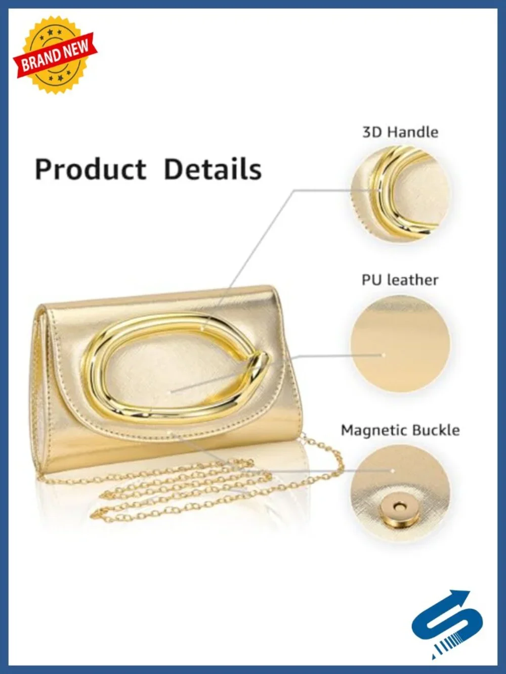 Elegant Gold Clutch Purse with Chain - Women's Formal Evening Bag Magnetic Flap